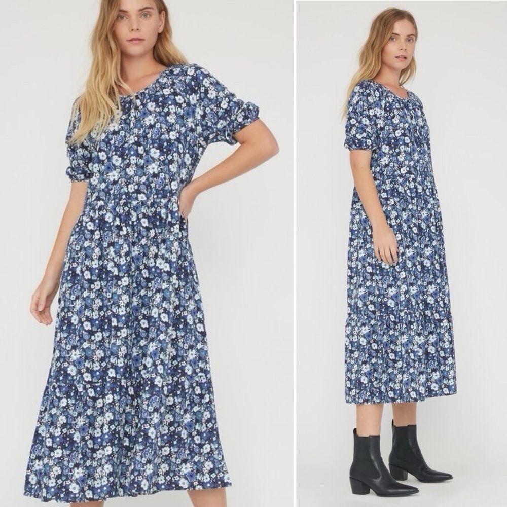 LACAUSA Cass Blue Watercolor Floral Midi Dress Medium 100% cotton cottagecore
